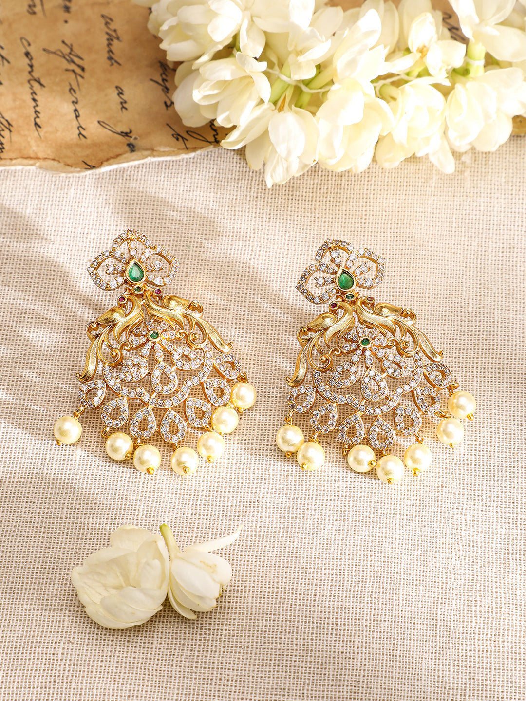 Pearl Drop American Diamond Zirconia Gold Necklace Set フリーサイズ