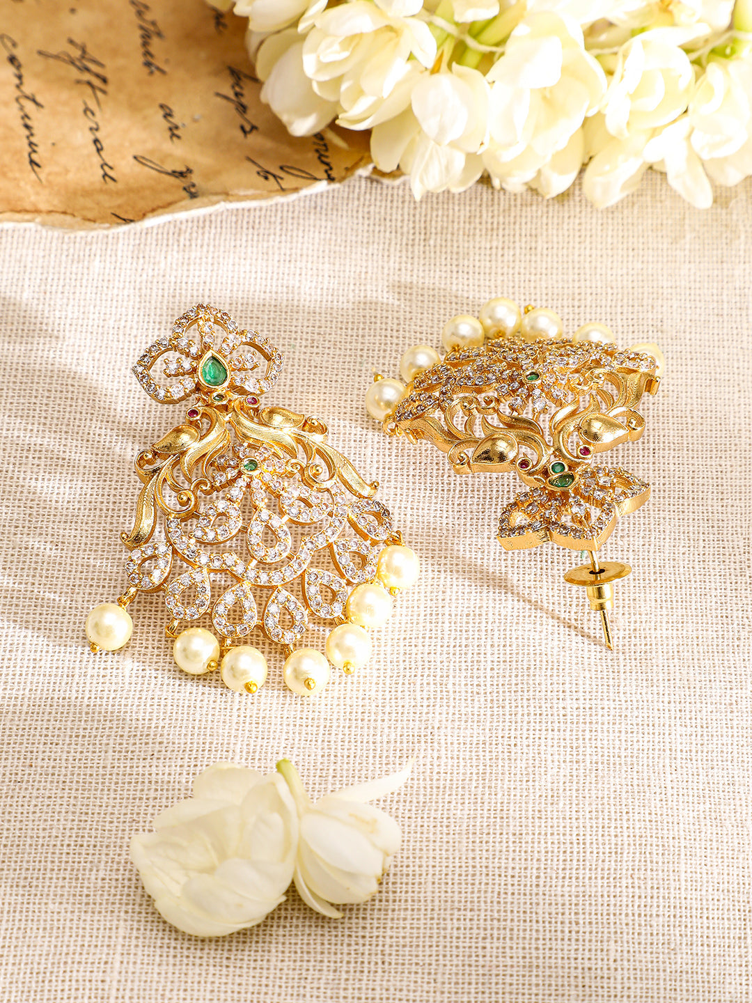 Pearl Drop American Diamond Zirconia Gold Necklace Set フリーサイズ