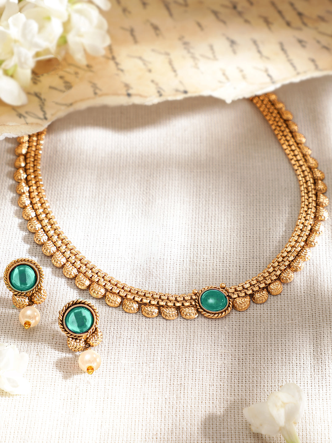Green Studded Golden Necklace Set フリーサイズ