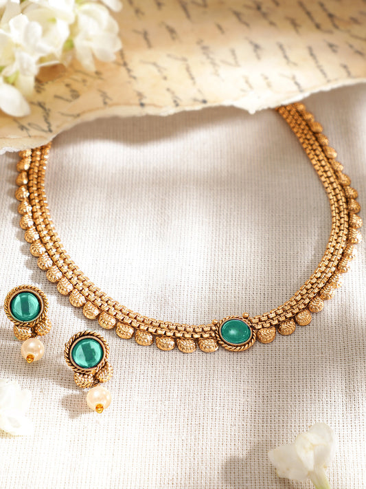 Green Studded Golden Necklace Set フリーサイズ