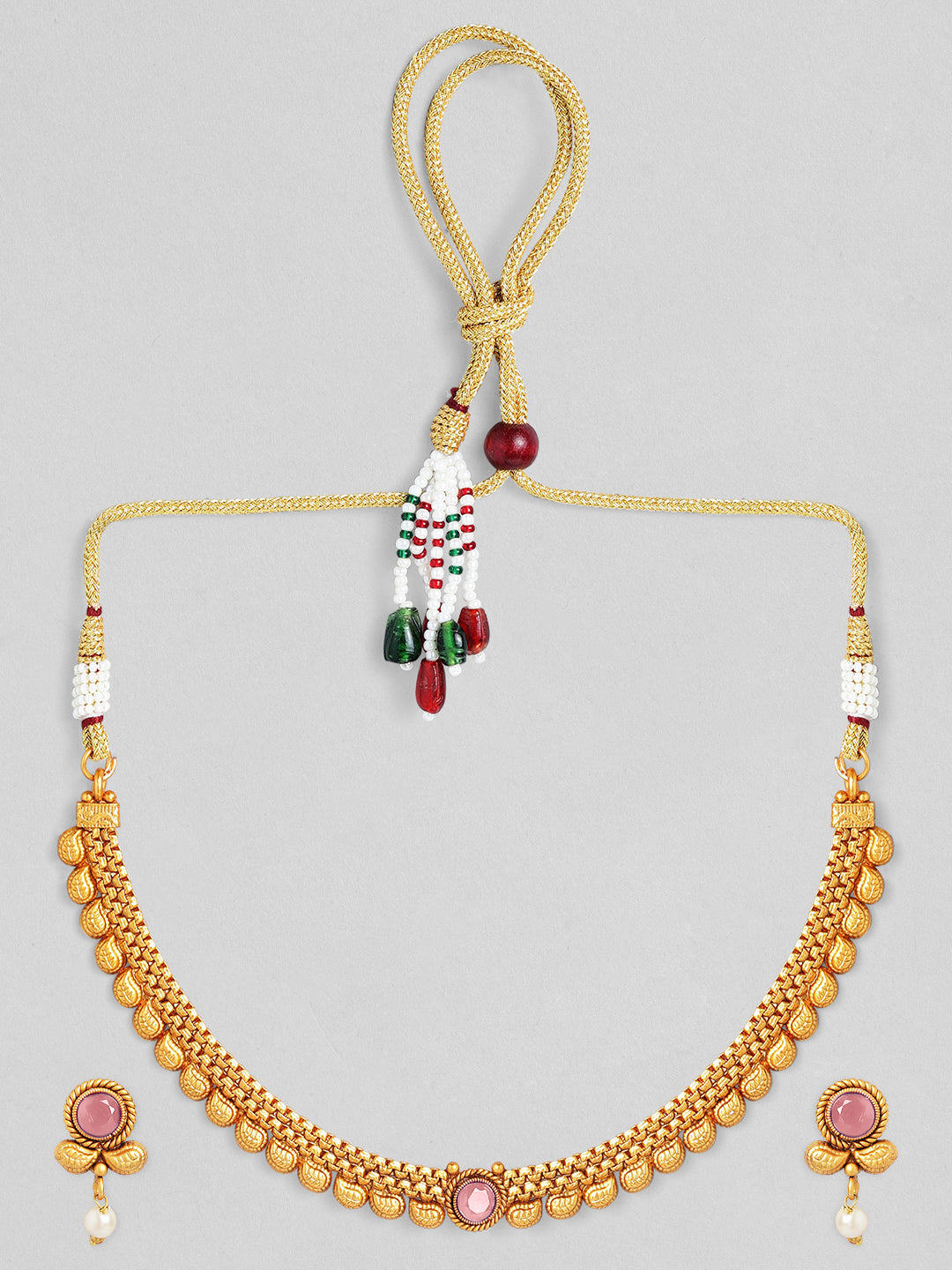 Pink Accented Golden Collar Necklace Set フリーサイズ
