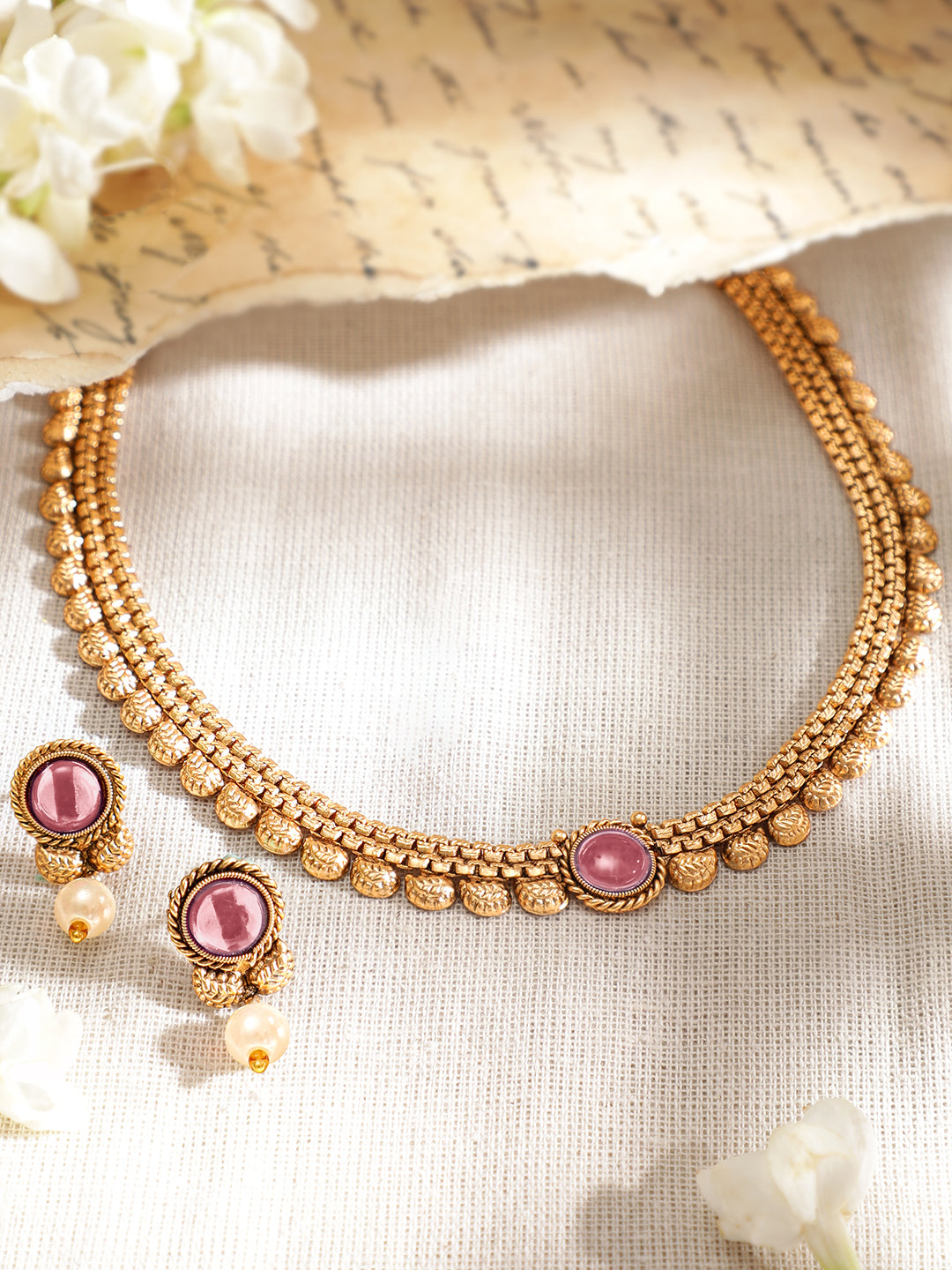 Pink Accented Golden Collar Necklace Set フリーサイズ