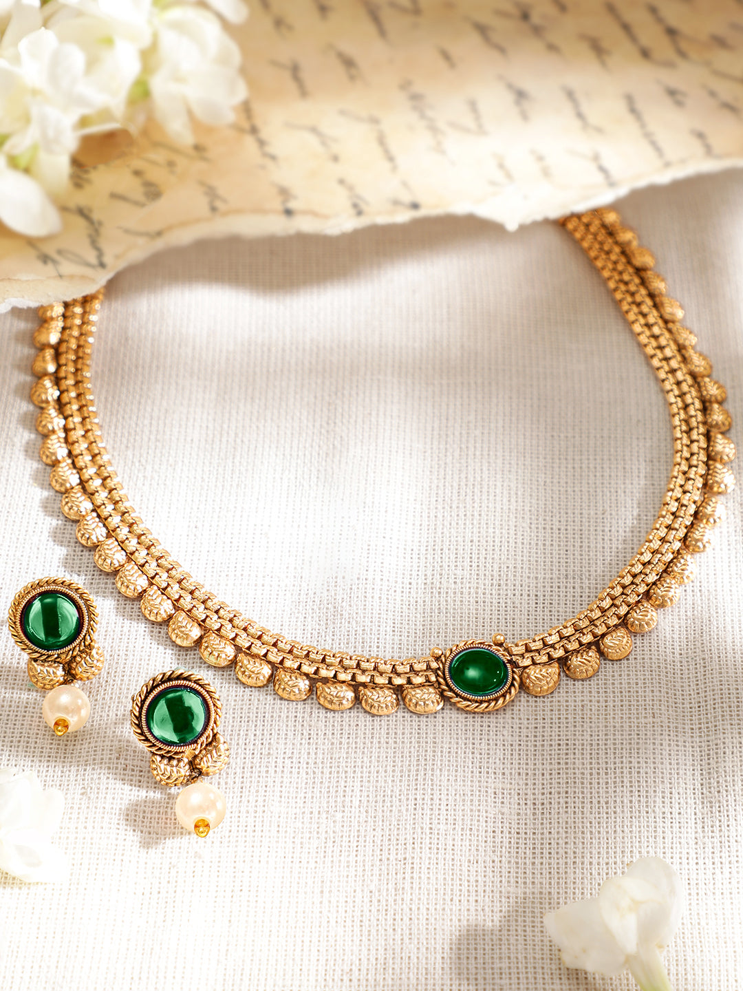Alluring Green Gold Plated Necklace Set フリーサイズ