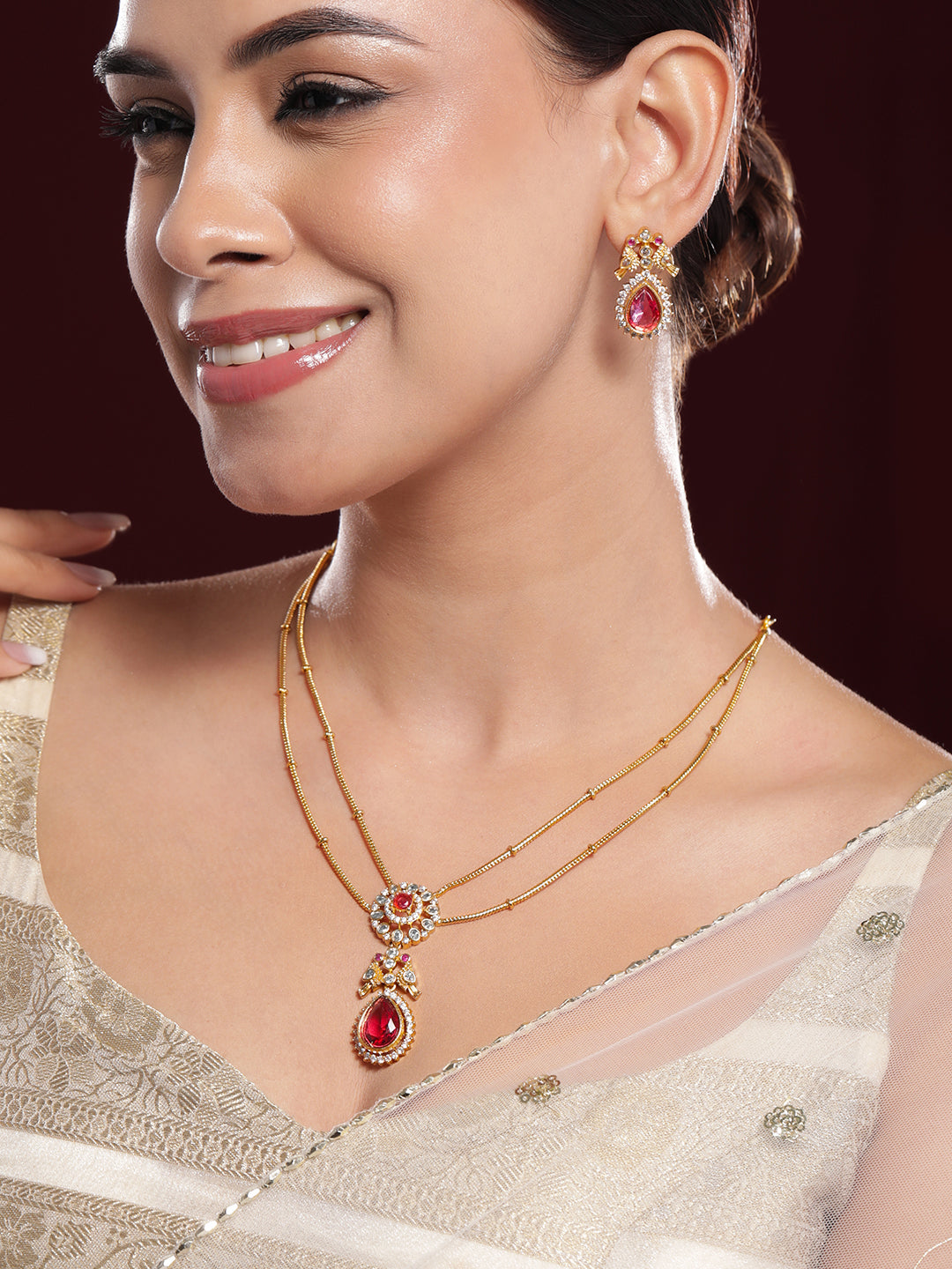 Ruby & American Diamond Zirconia Studded Necklace Set Gold
