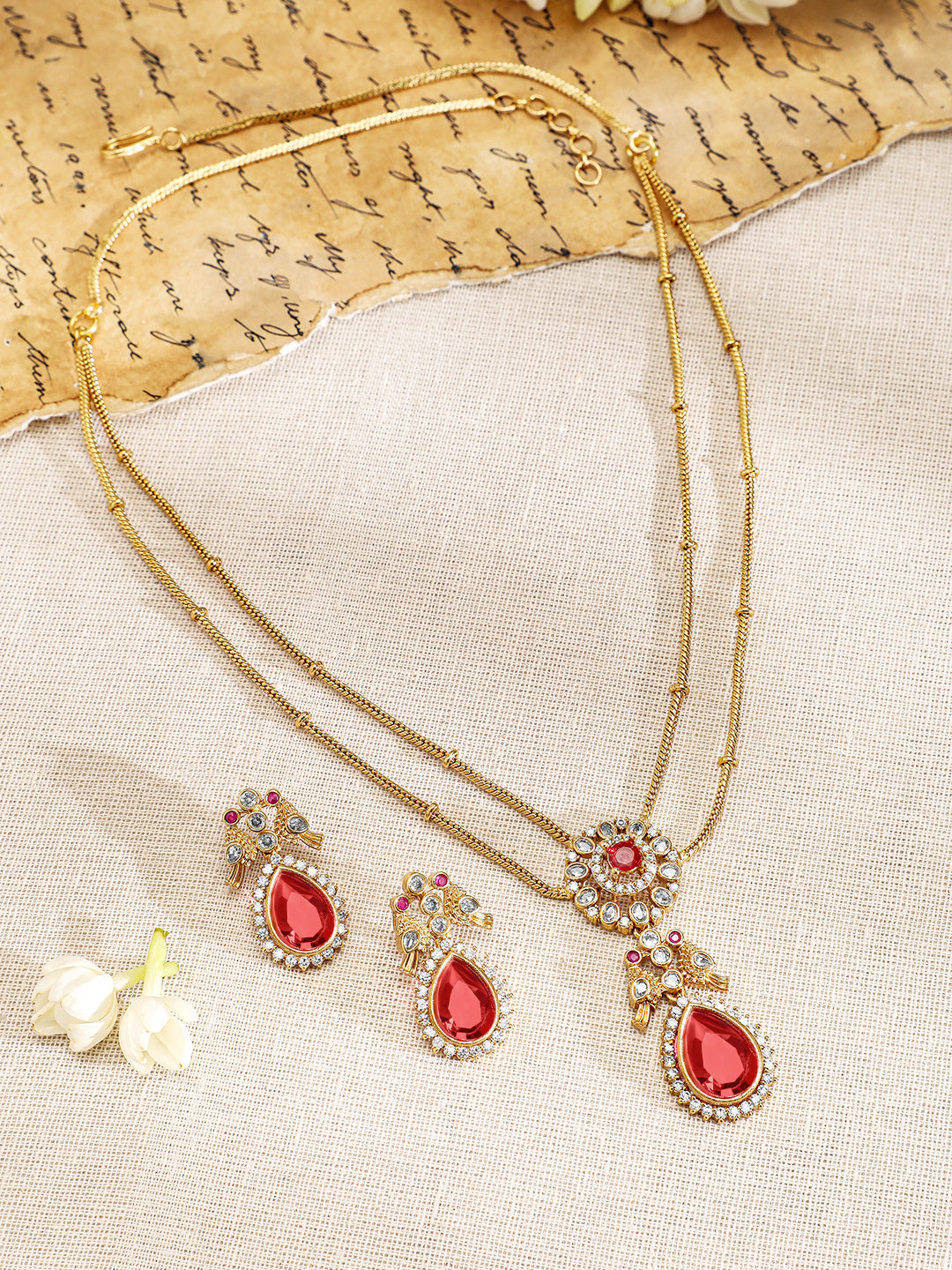 Ruby & American Diamond Zirconia Studded Necklace Set Gold