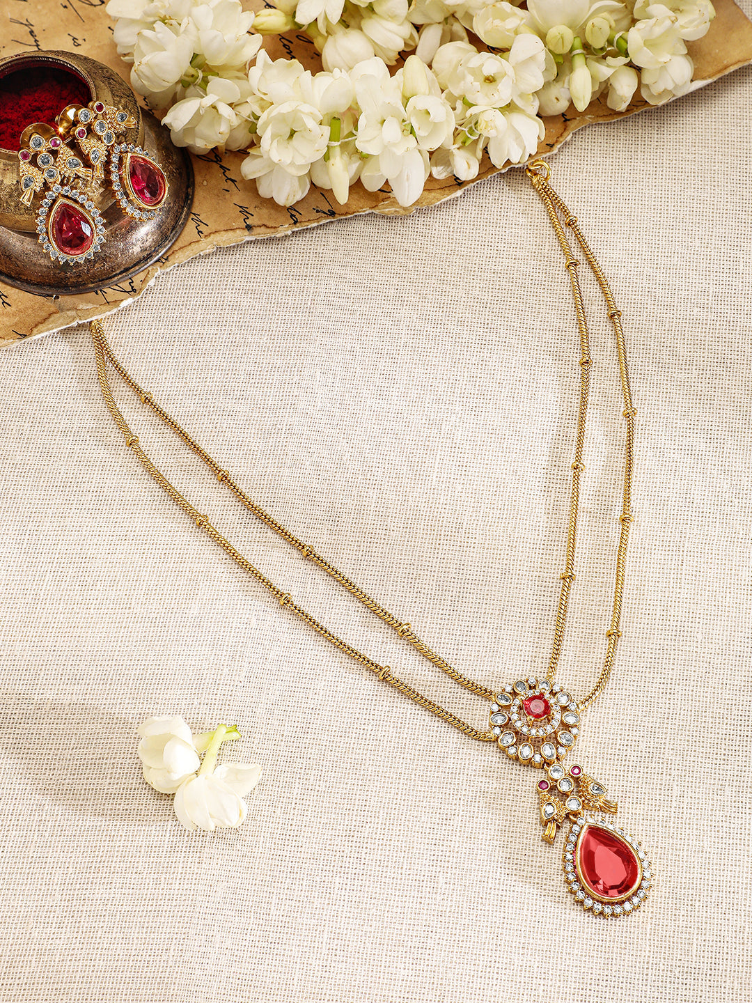 Ruby & American Diamond Zirconia Studded Necklace Set Gold