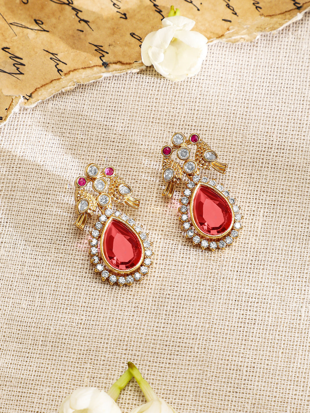 Ruby & American Diamond Zirconia Studded Necklace Set Gold