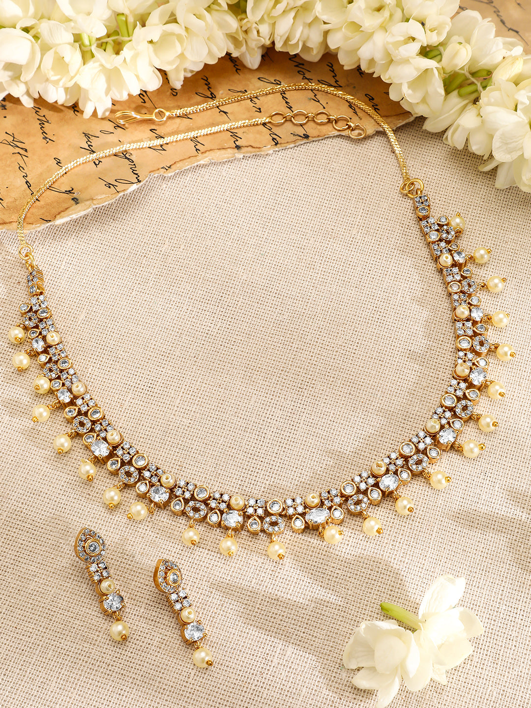 Pearl Beaded American Diamond Zirconia Necklace Set Gold