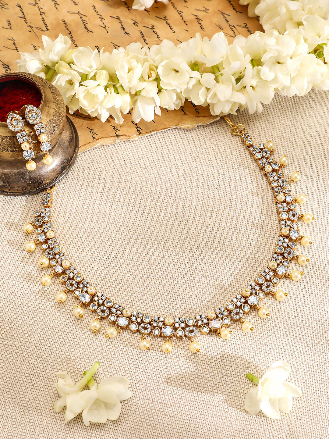 Pearl Beaded American Diamond Zirconia Necklace Set Gold
