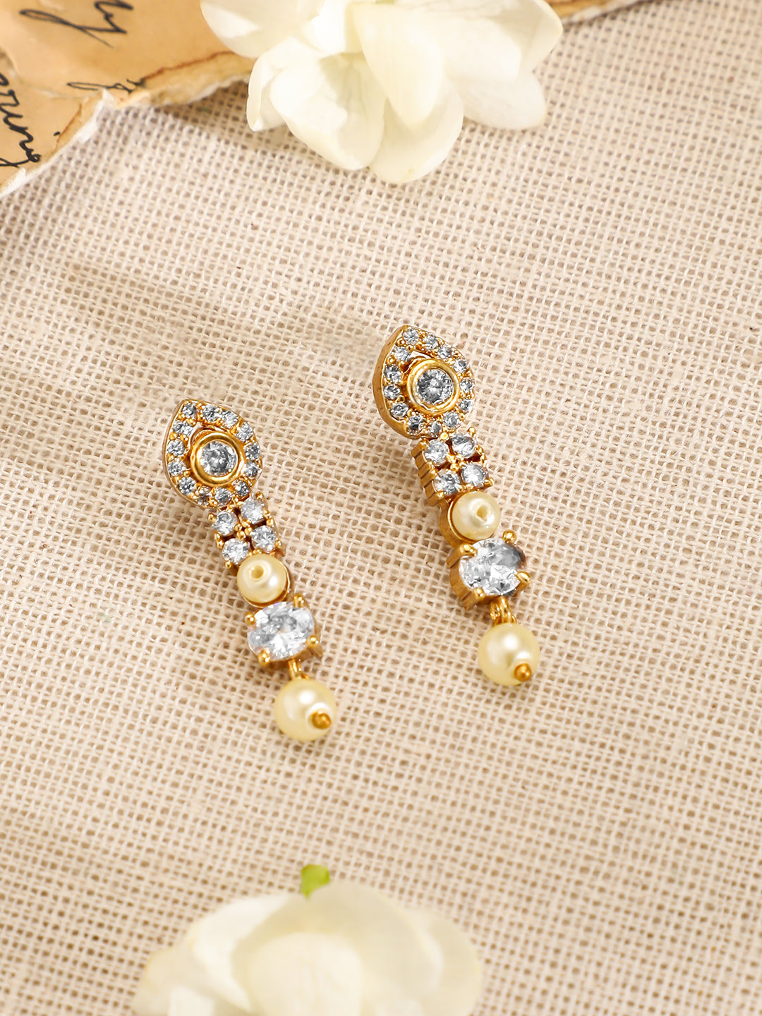 Pearl Beaded American Diamond Zirconia Necklace Set Gold