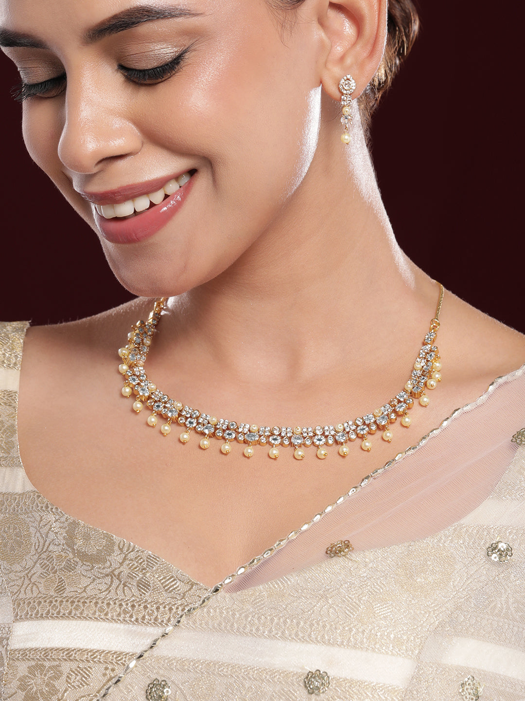 Pearl Beaded American Diamond Zirconia Necklace Set Gold