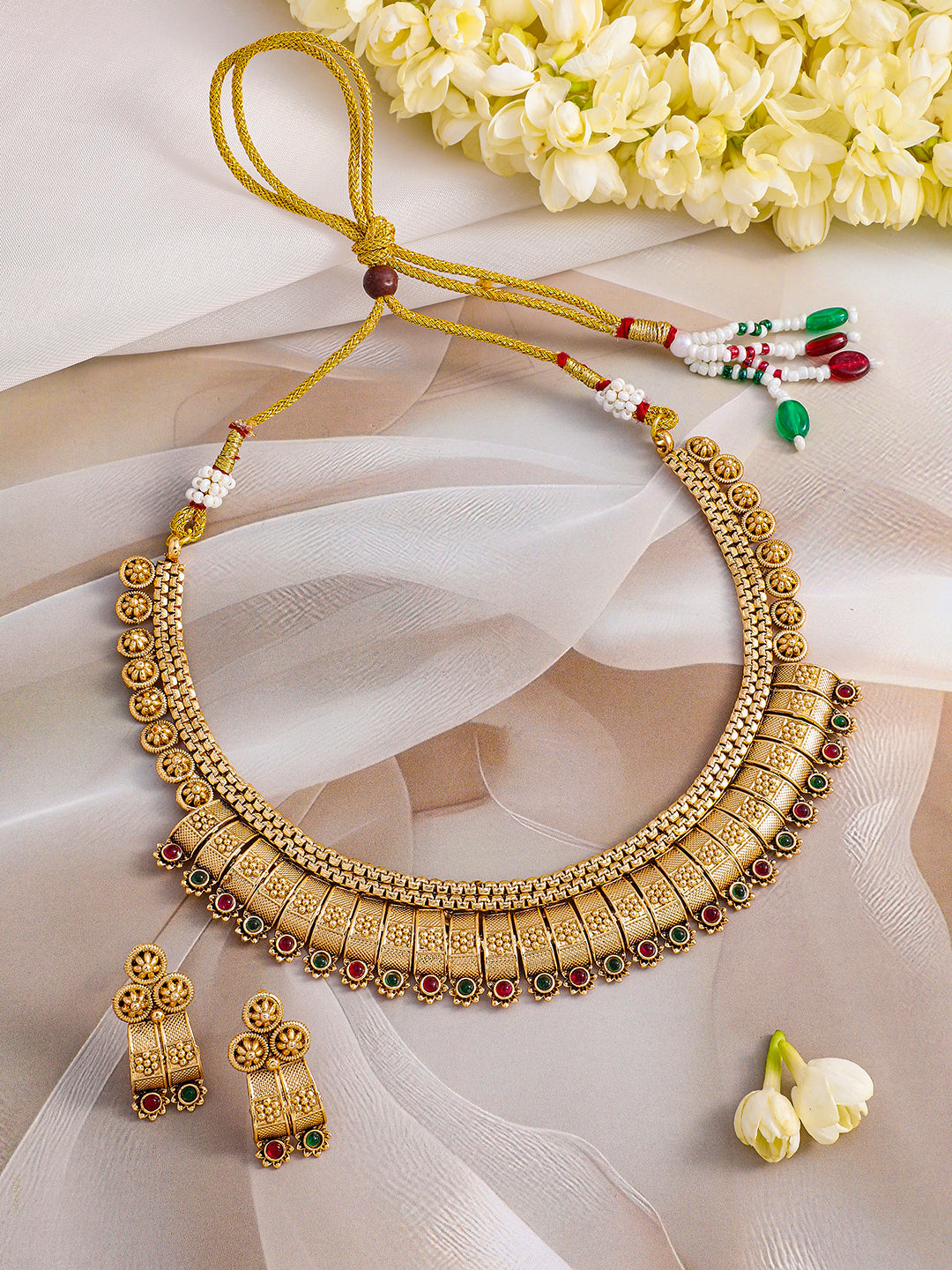 Floral Motif Red & Green Studded Necklace Set フリーサイズ
