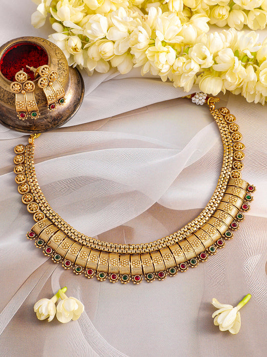 Floral Motif Red & Green Studded Necklace Set フリーサイズ