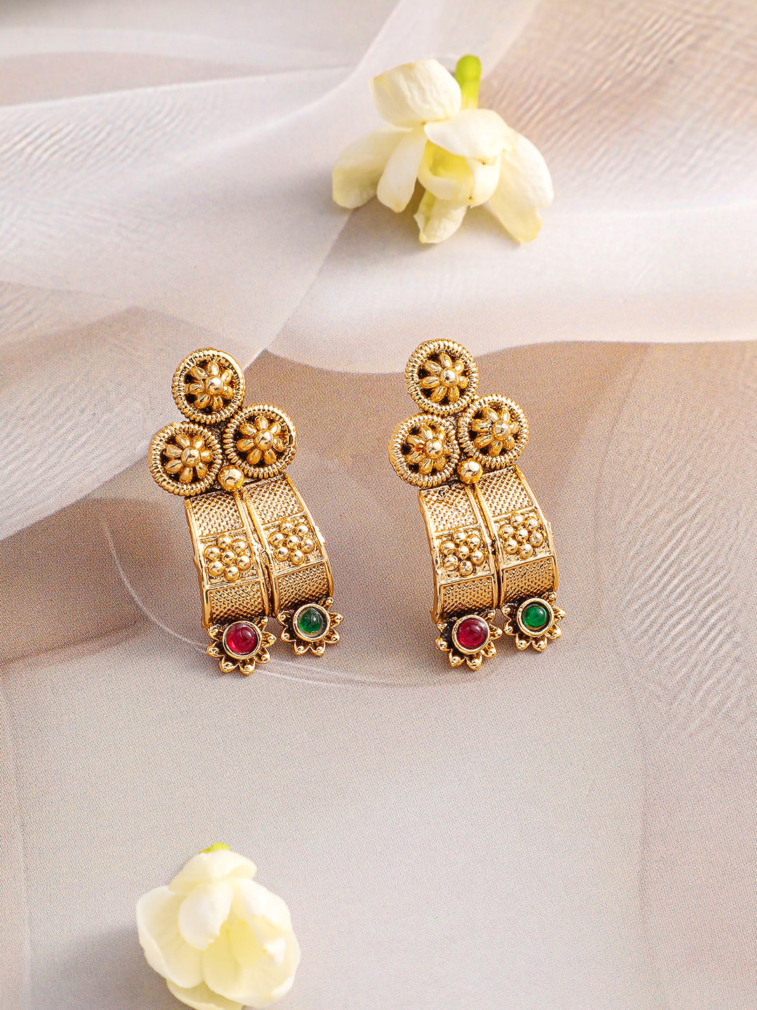 Floral Motif Red & Green Studded Necklace Set フリーサイズ