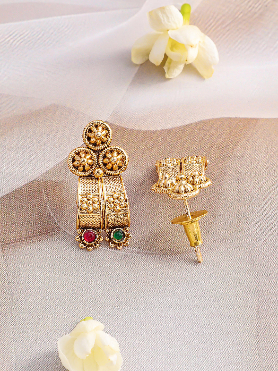 Floral Motif Red & Green Studded Necklace Set フリーサイズ