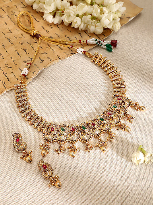 Peacock Motif Pink & Green Studded Necklace Set フリーサイズ