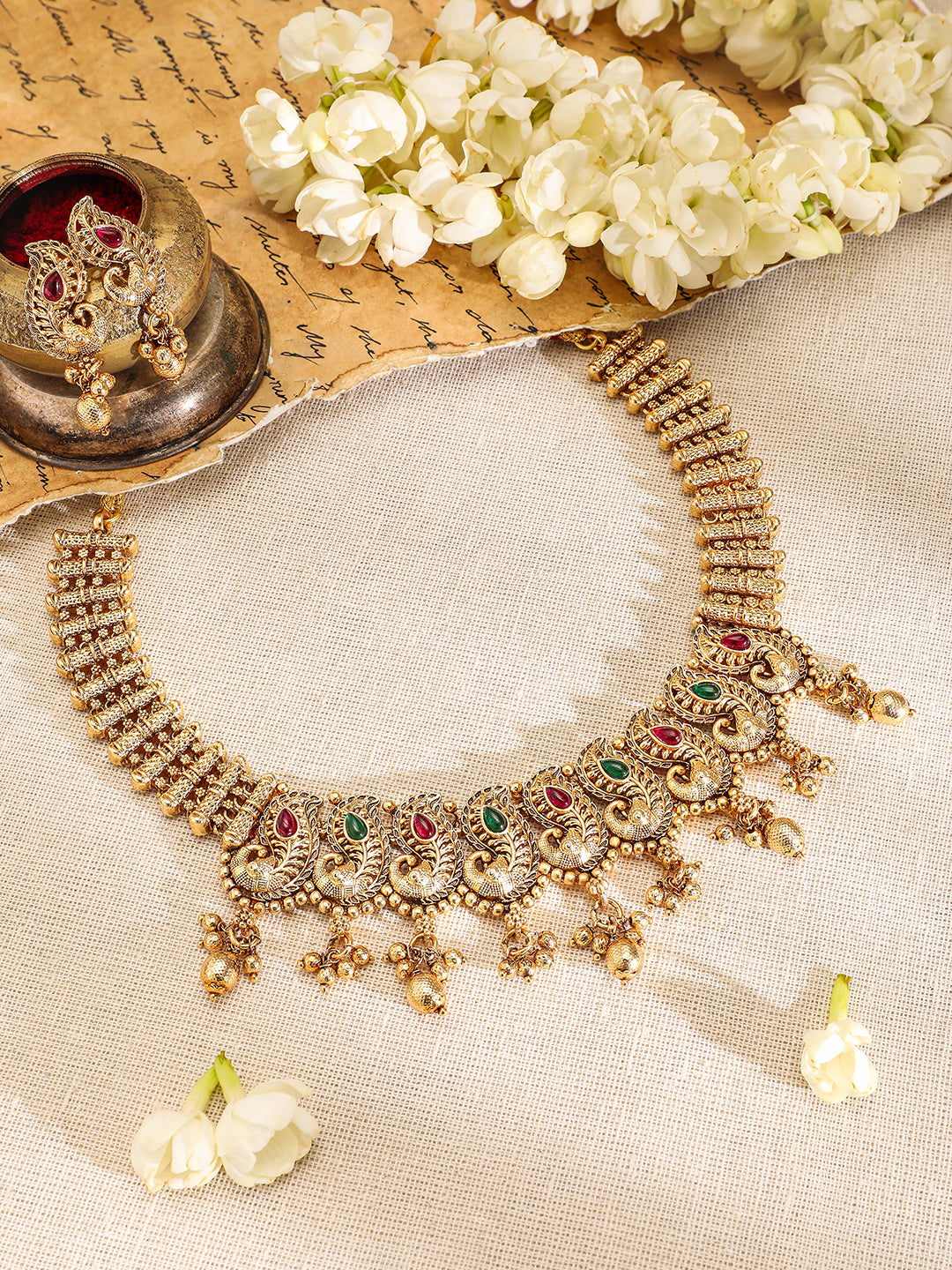 Peacock Motif Pink & Green Studded Necklace Set フリーサイズ