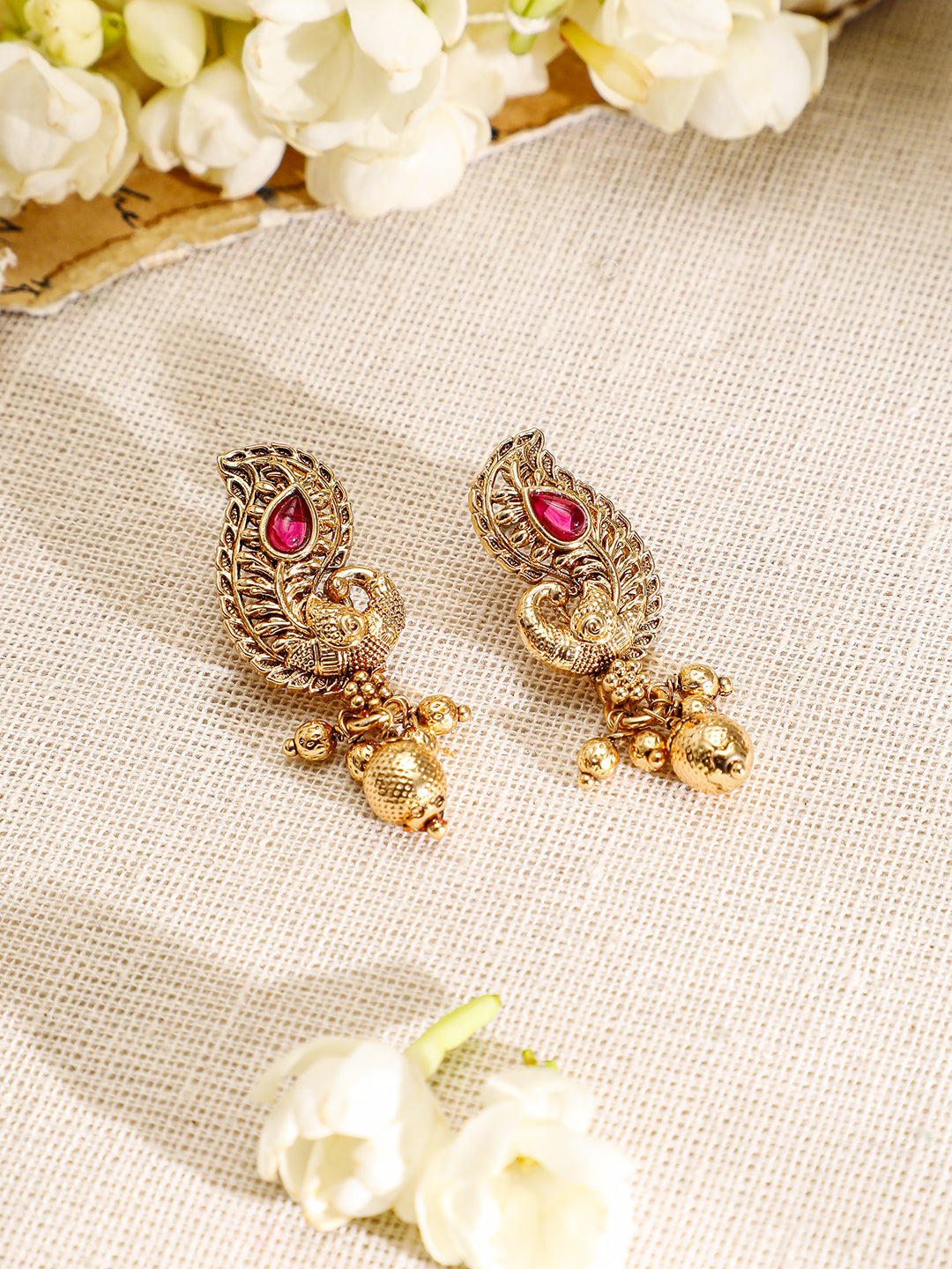 Peacock Motif Pink & Green Studded Necklace Set フリーサイズ