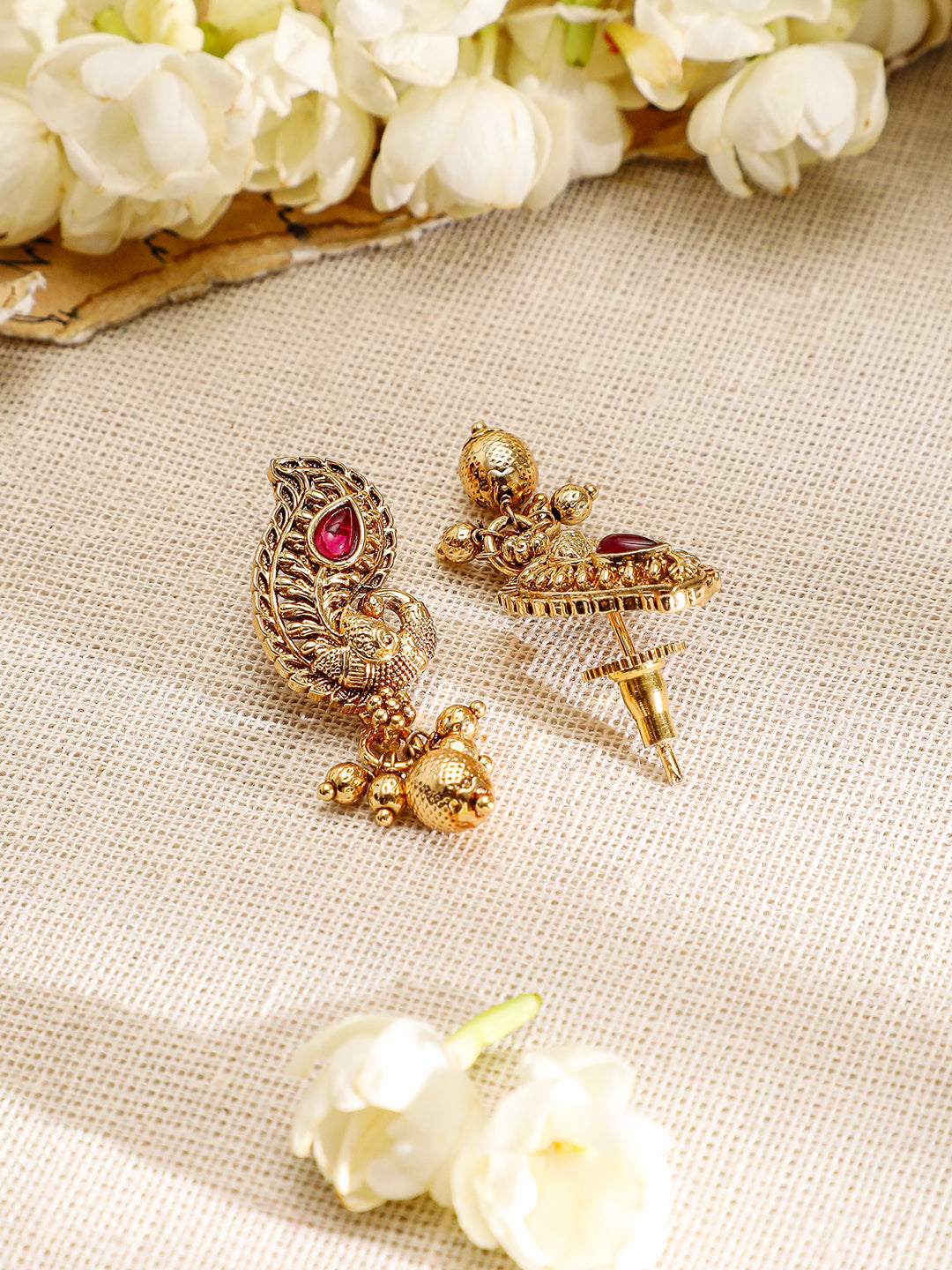 Peacock Motif Pink & Green Studded Necklace Set フリーサイズ