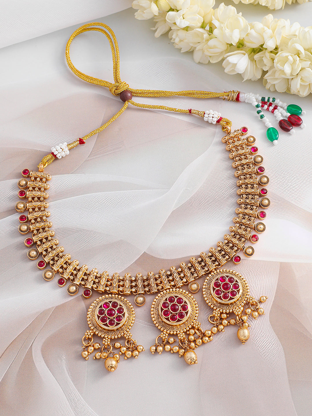 Pink Studded Golden Beads Necklace Set フリーサイズ