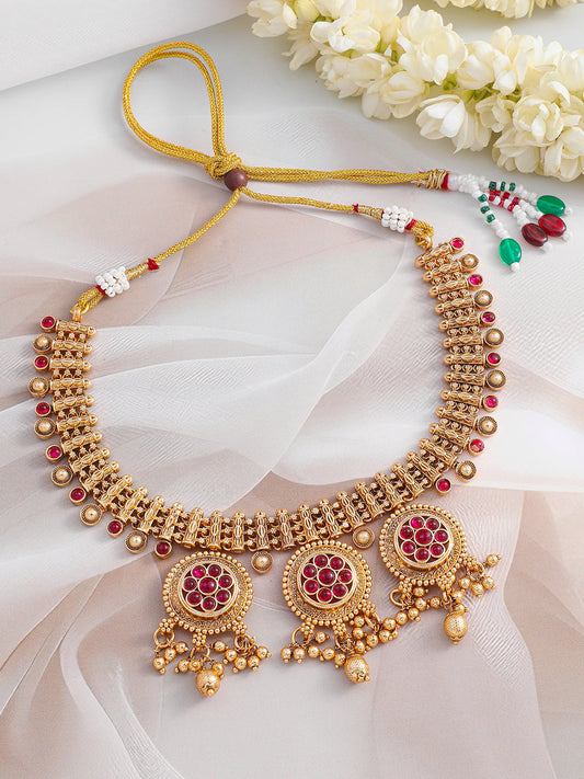 Pink Studded Golden Beads Necklace Set フリーサイズ