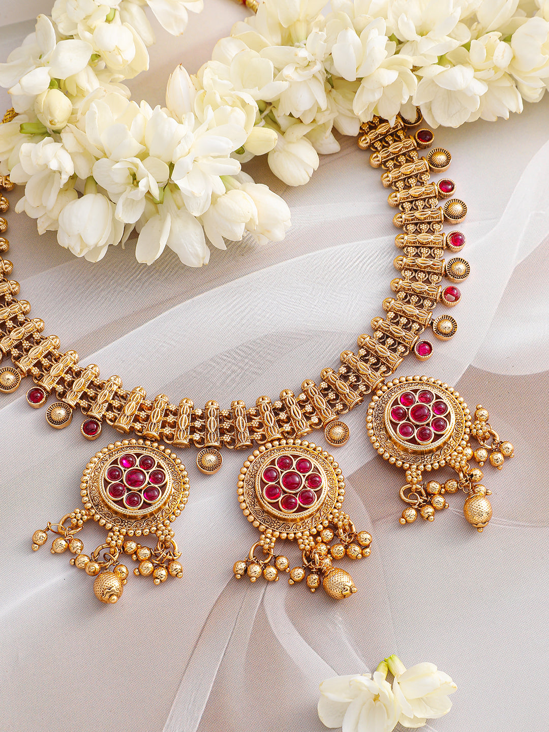 Pink Studded Golden Beads Necklace Set フリーサイズ