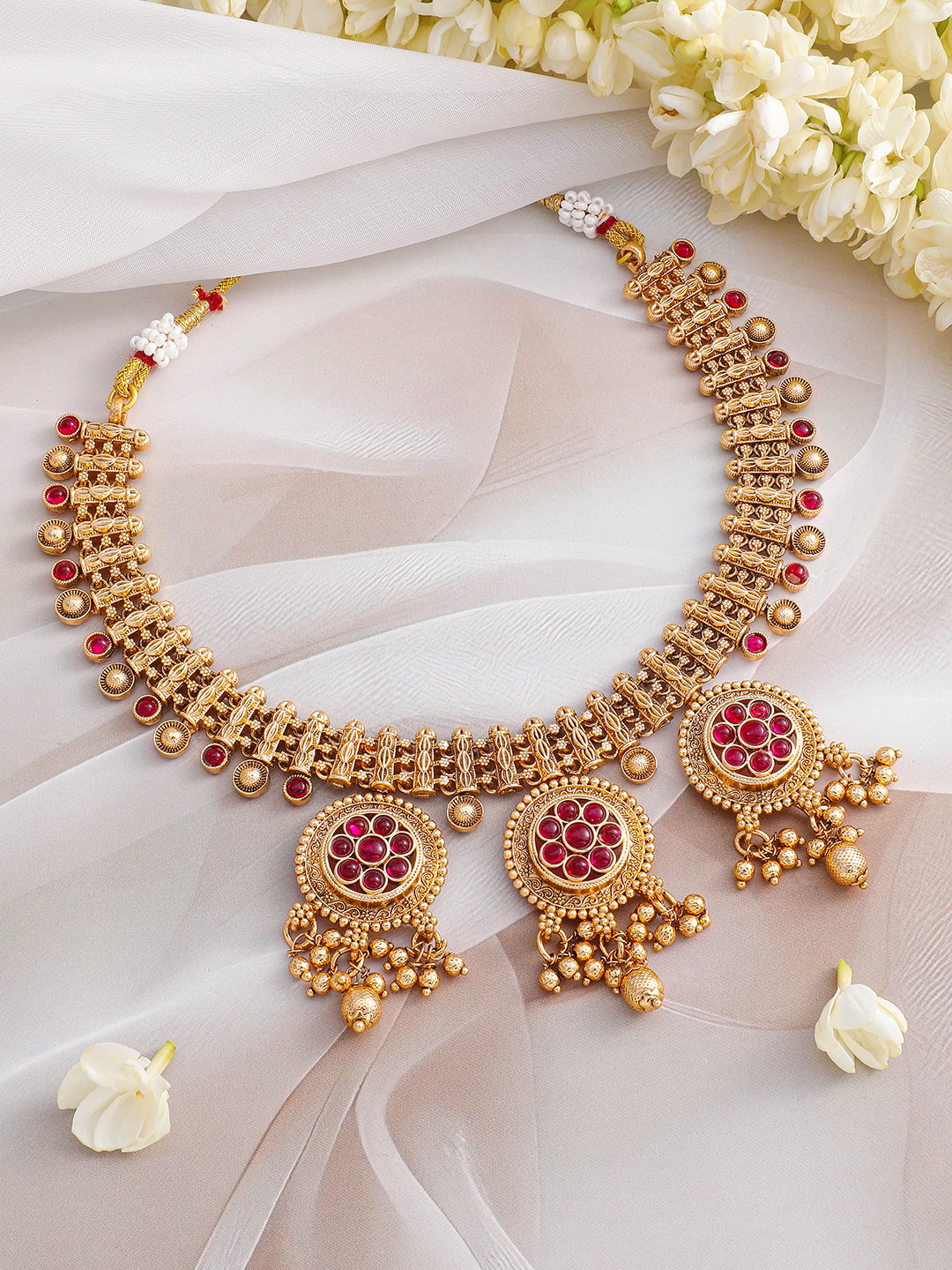 Pink Studded Golden Beads Necklace Set フリーサイズ