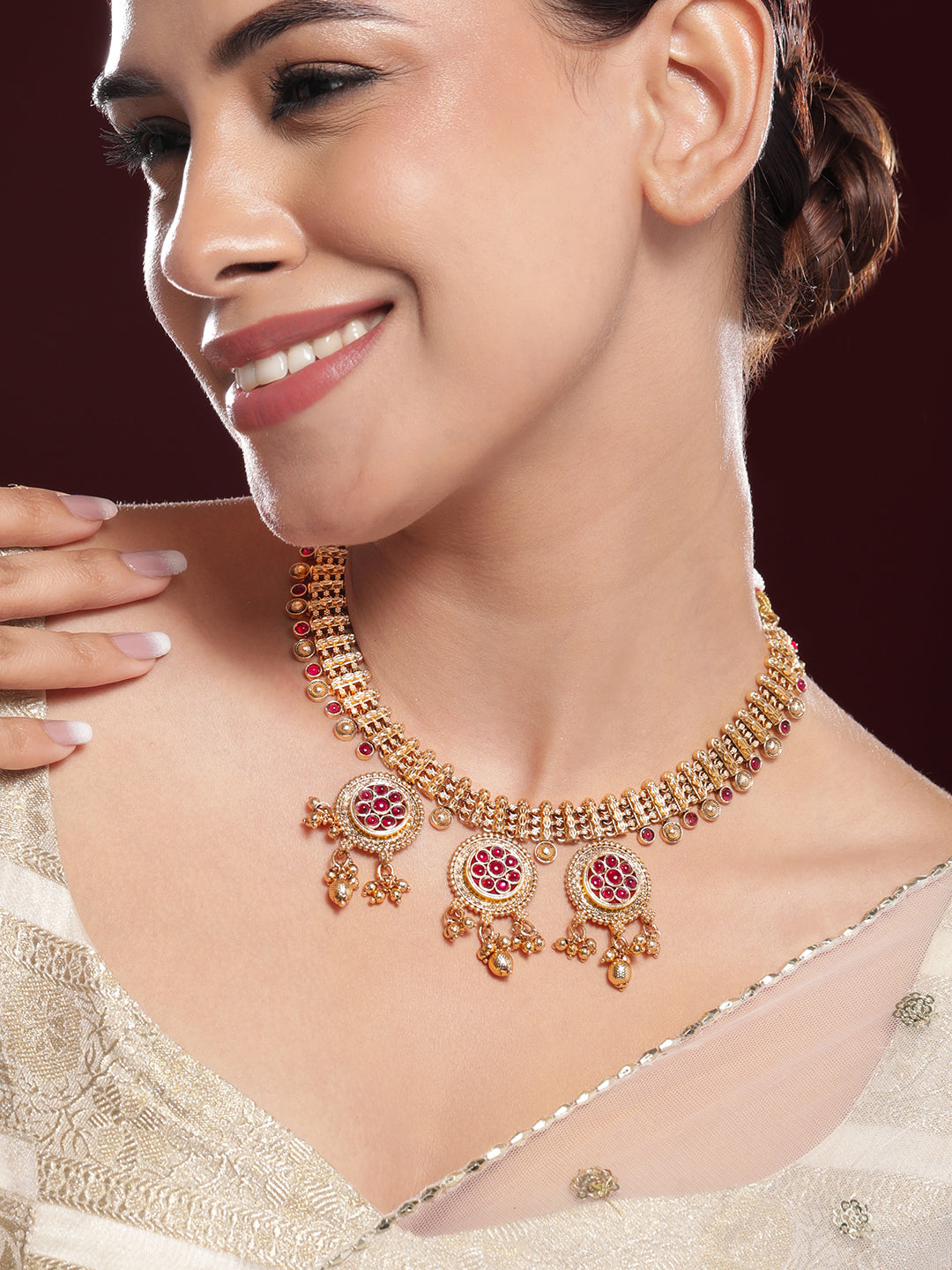 Pink Studded Golden Beads Necklace Set フリーサイズ