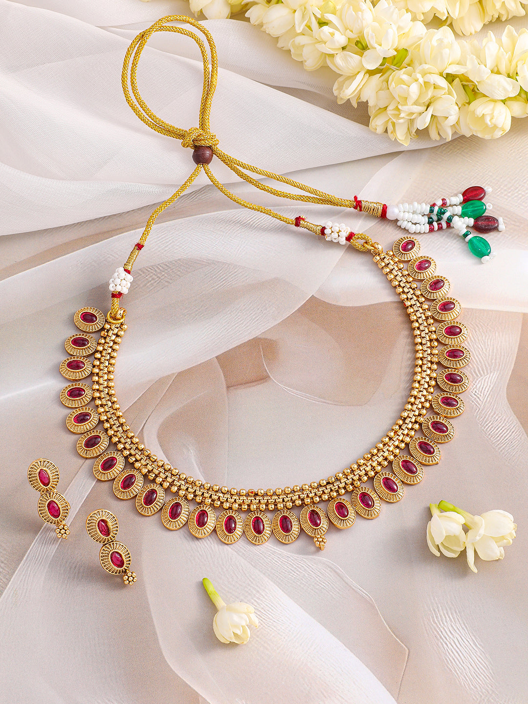 Ruby Pink Studded Golden Necklace Set Gold