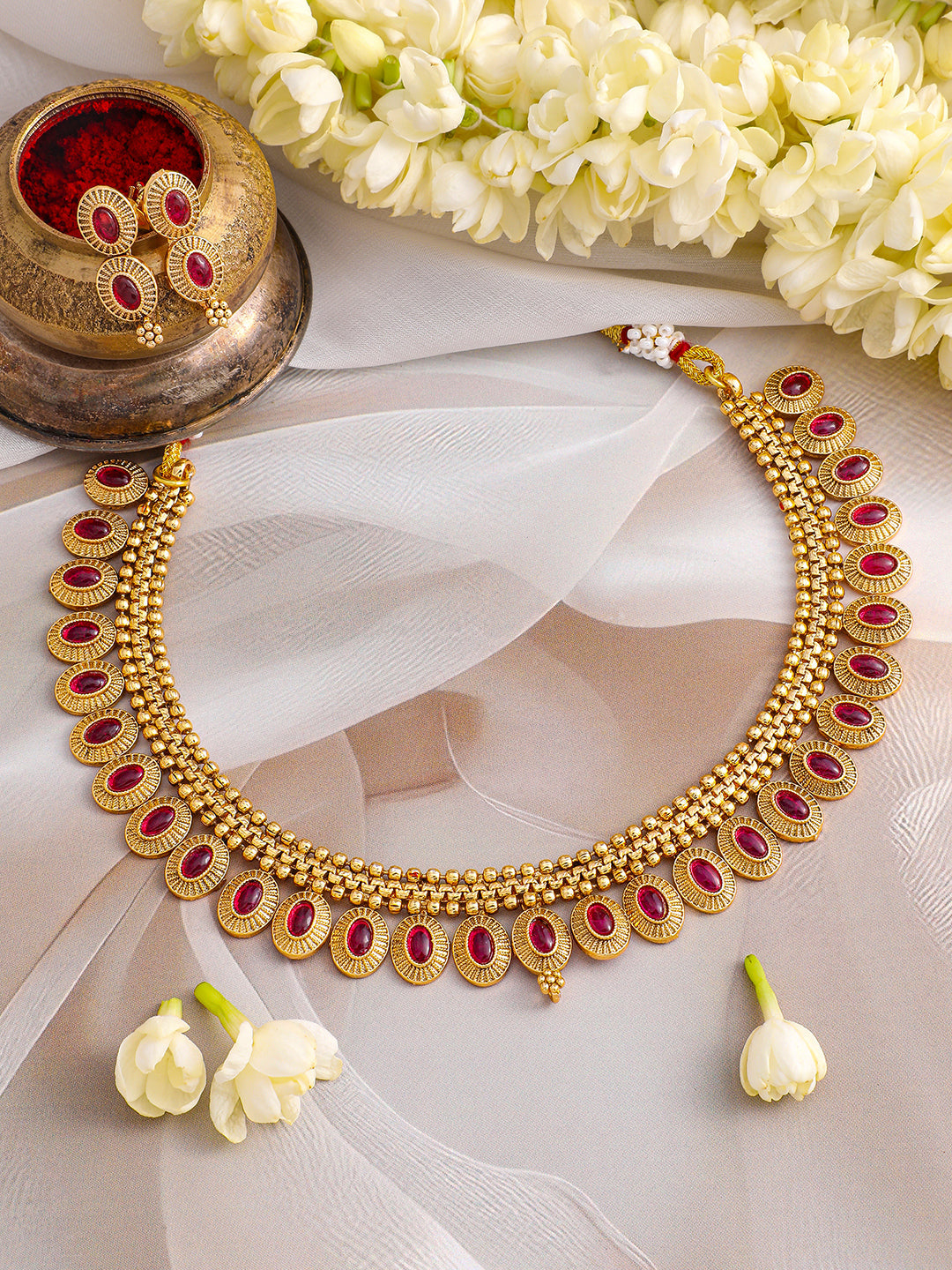 Ruby Pink Studded Golden Necklace Set Gold