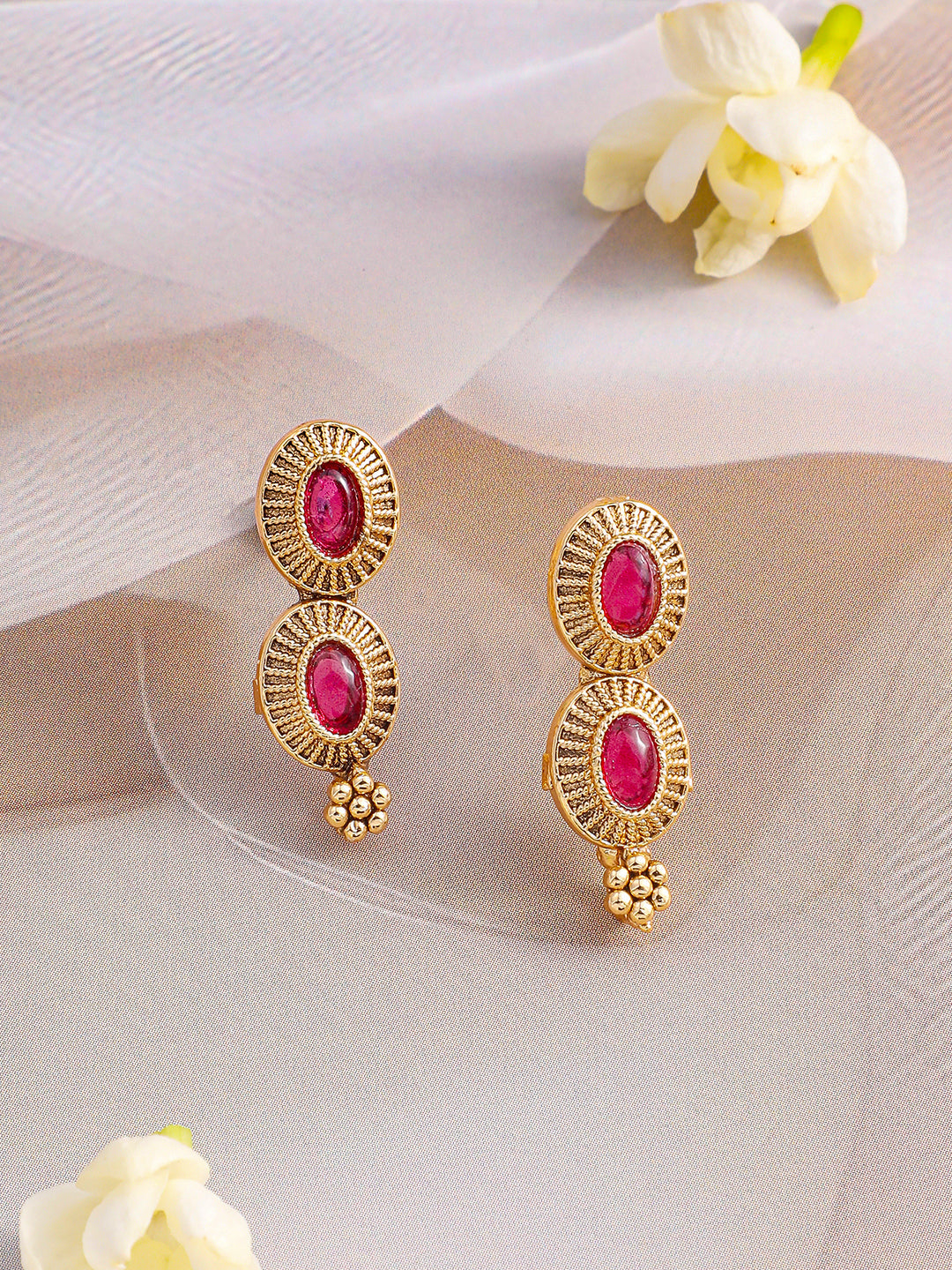 Ruby Pink Studded Golden Necklace Set Gold