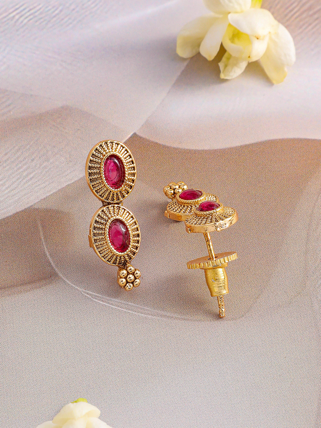 Ruby Pink Studded Golden Necklace Set Gold