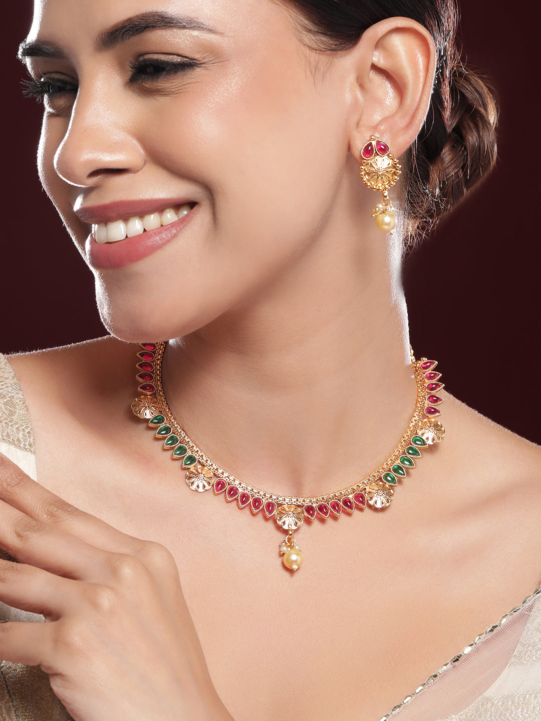 Gold Necklace Set With Pink & Green Studs フリーサイズ