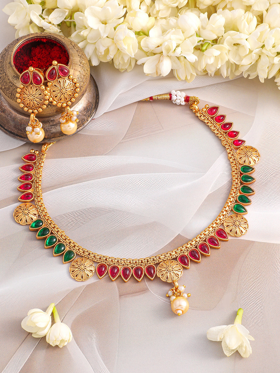 Gold Necklace Set With Pink & Green Studs フリーサイズ