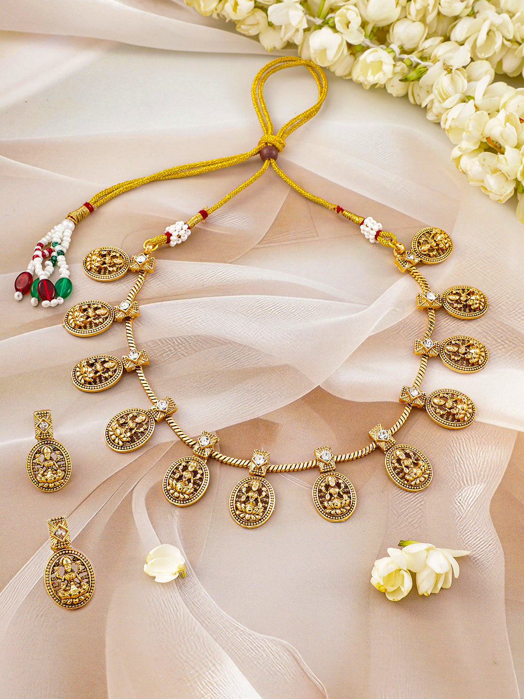 American Diamond Zirconia Laxmi Temple Necklace Set Gold