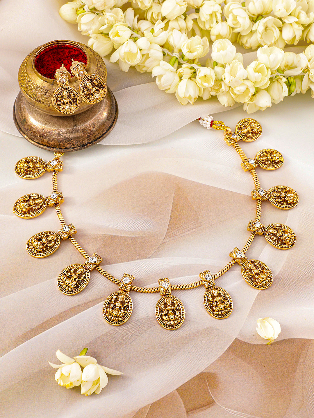 American Diamond Zirconia Laxmi Temple Necklace Set Gold