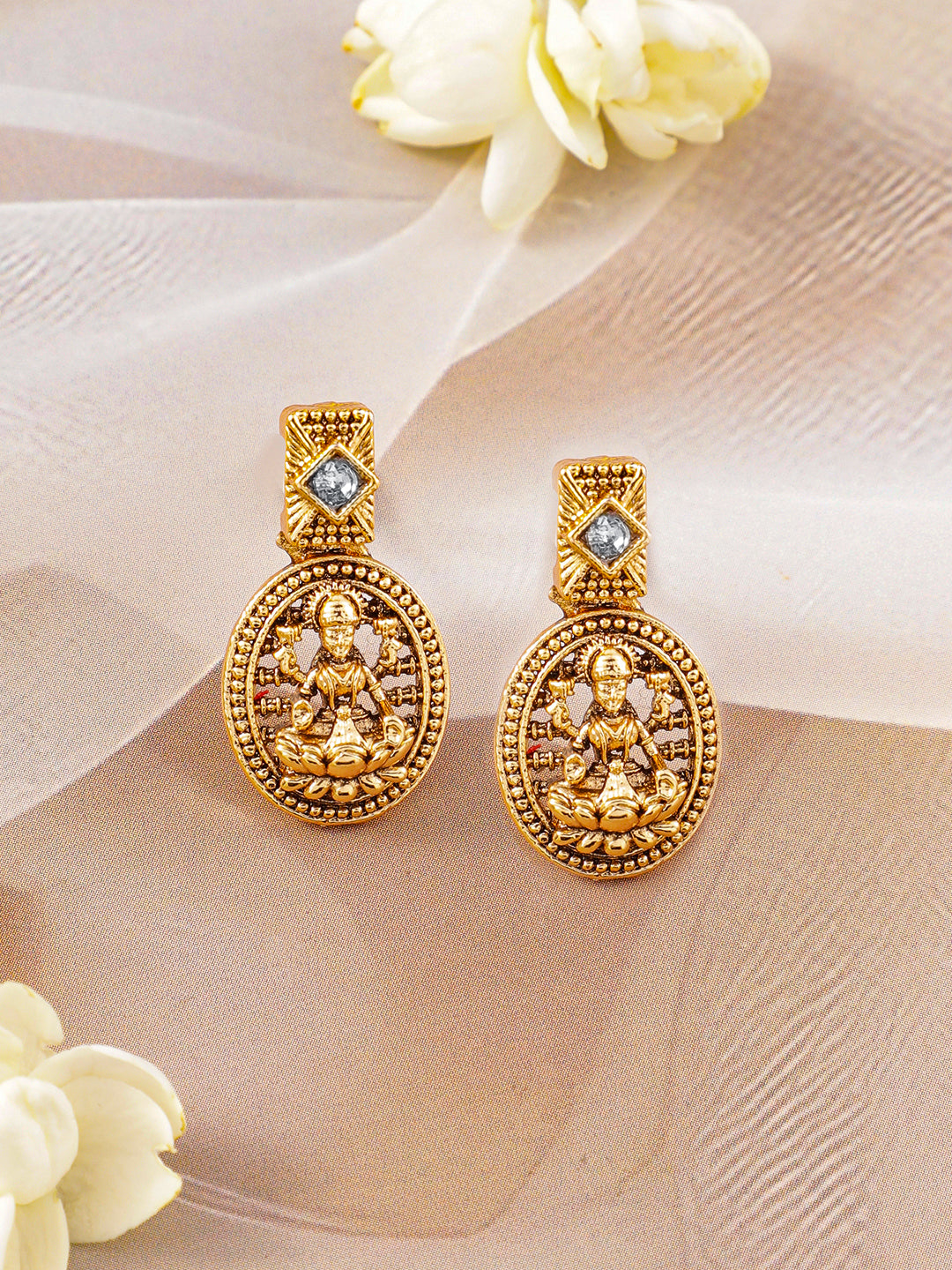 American Diamond Zirconia Laxmi Temple Necklace Set Gold