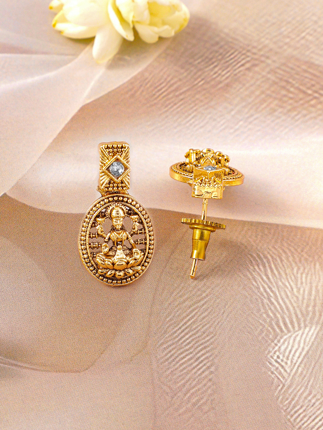 American Diamond Zirconia Laxmi Temple Necklace Set Gold