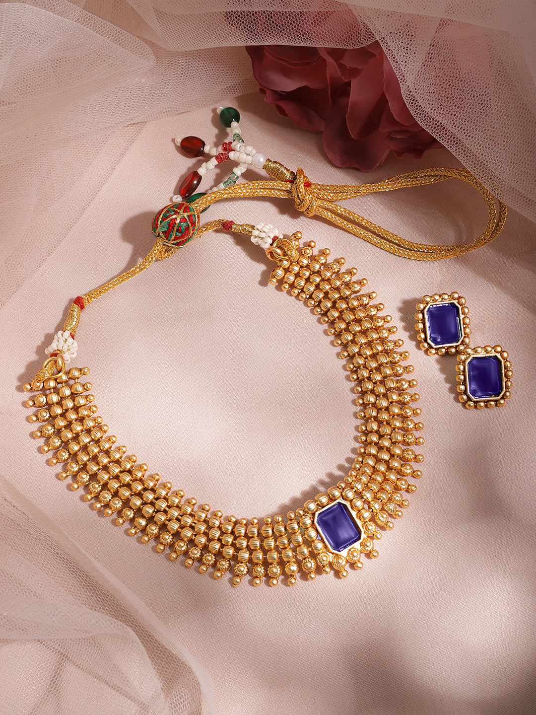 Blue Studded Golden Necklace Set Gold
