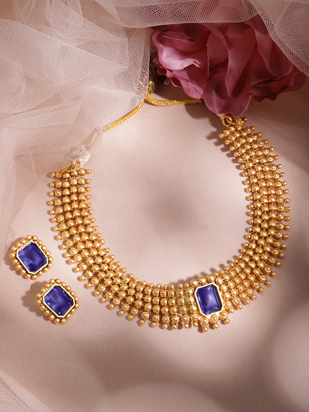 Blue Studded Golden Necklace Set Gold