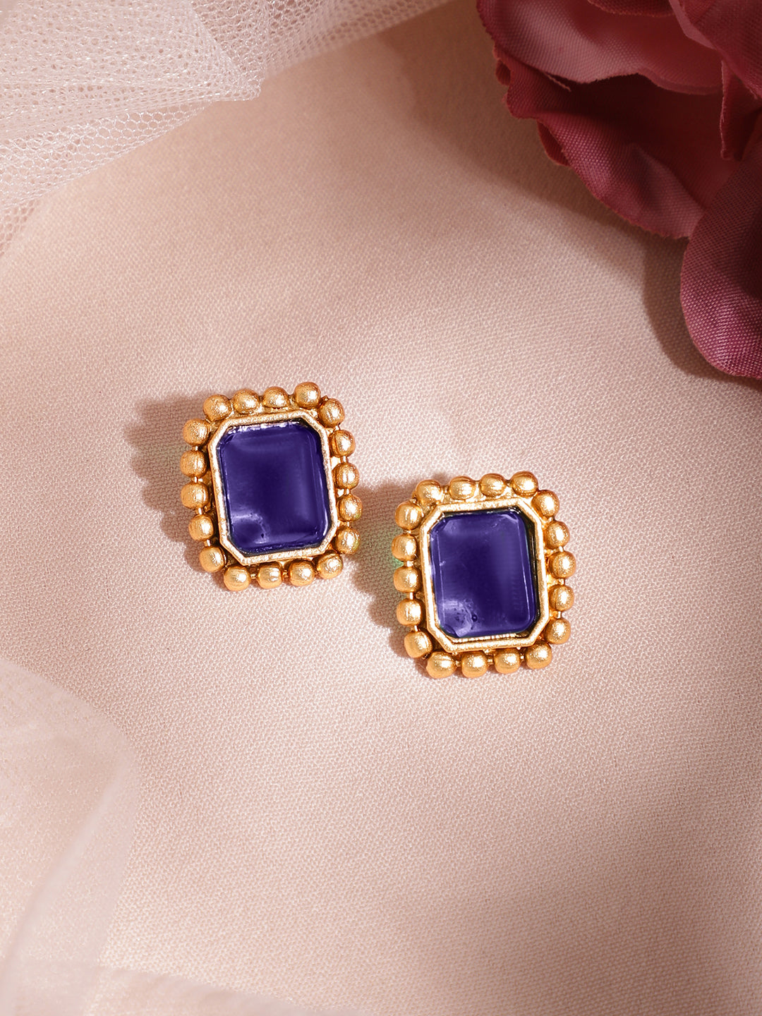 Blue Studded Golden Necklace Set Gold