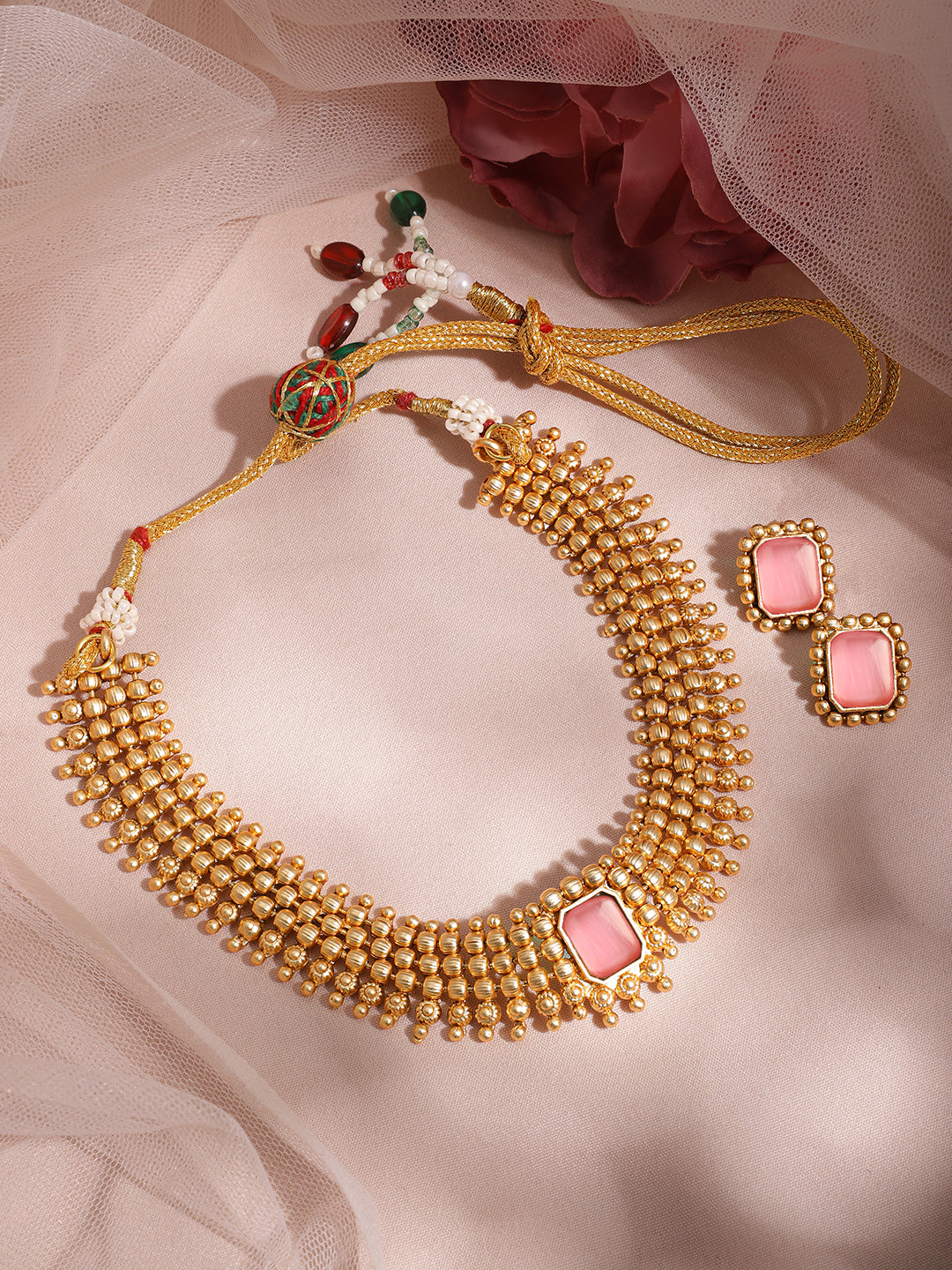 Pink Accented Gold Choker Set Pink