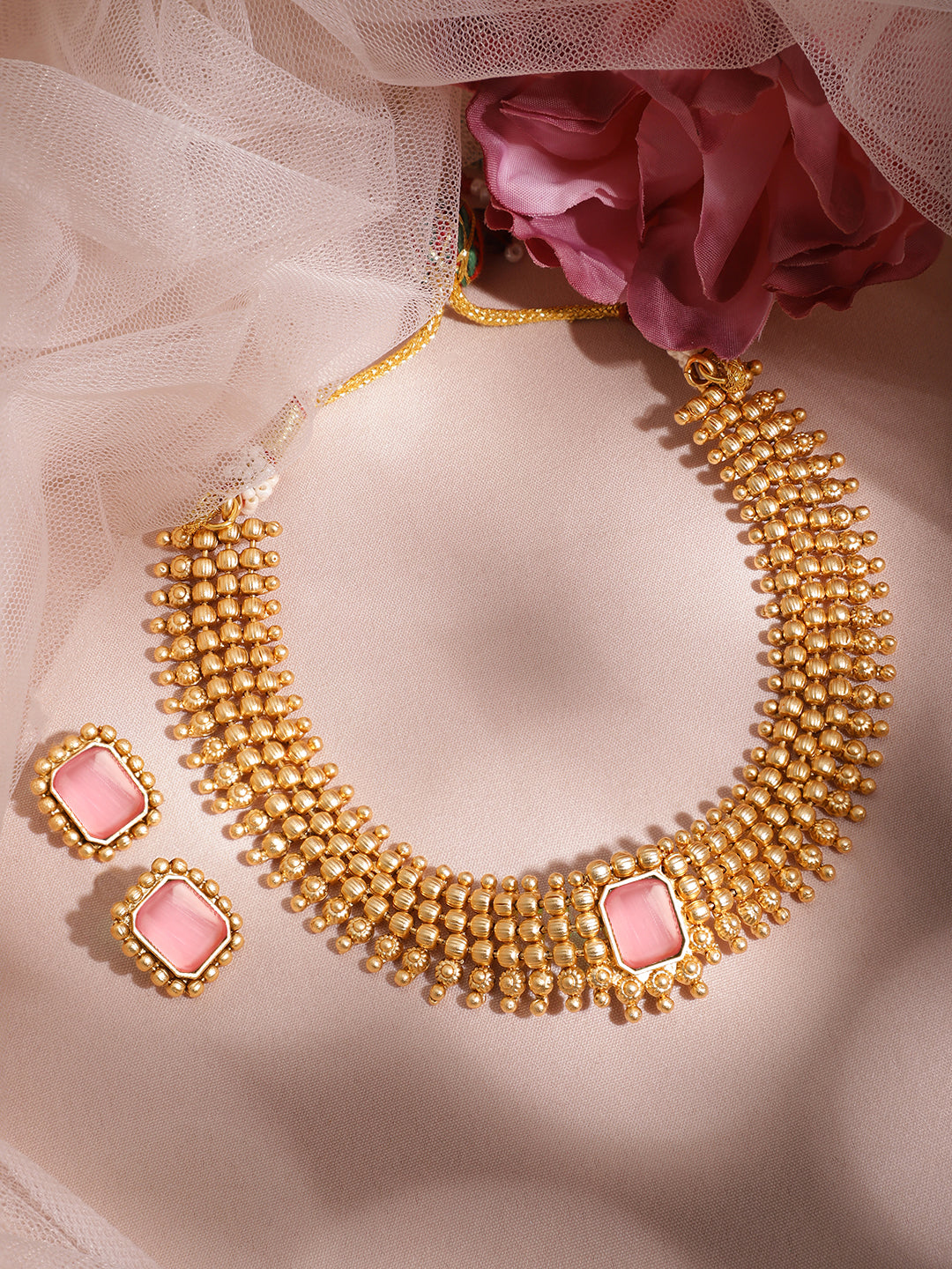 Pink Accented Gold Choker Set Pink