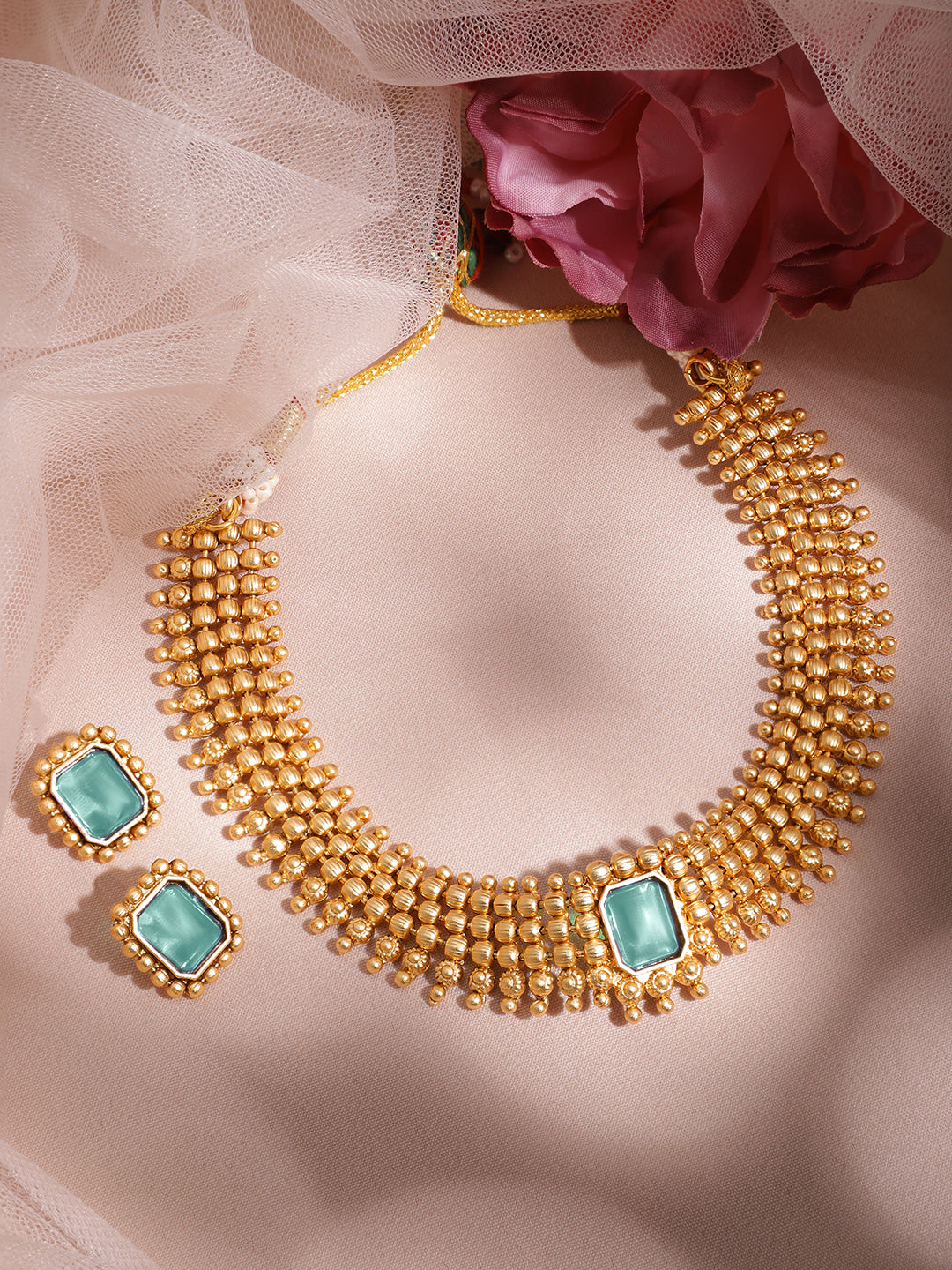Blue Studded Golden Choker Set Gold