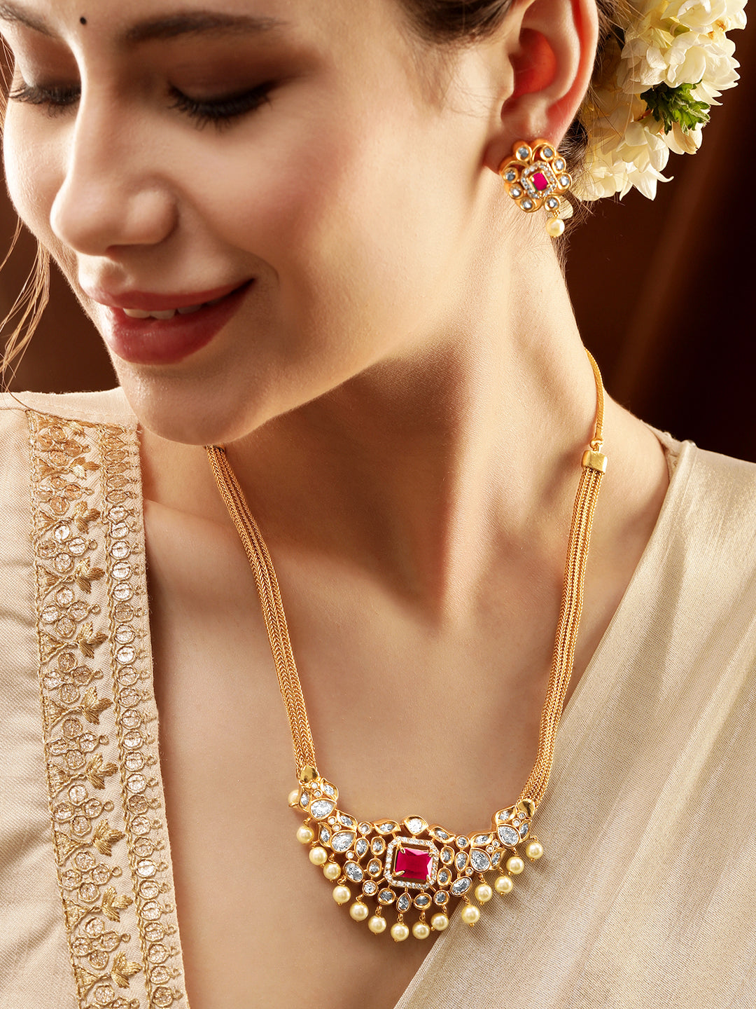 Pink Studded Pearl Drop Gold Necklace Set Gold