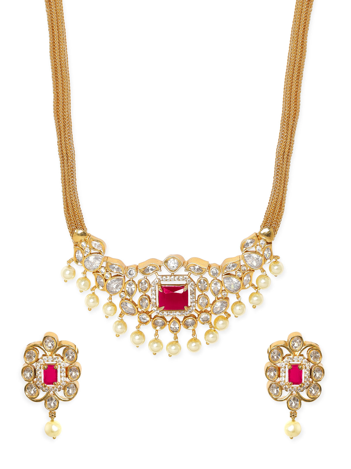Pink Studded Pearl Drop Gold Necklace Set Gold