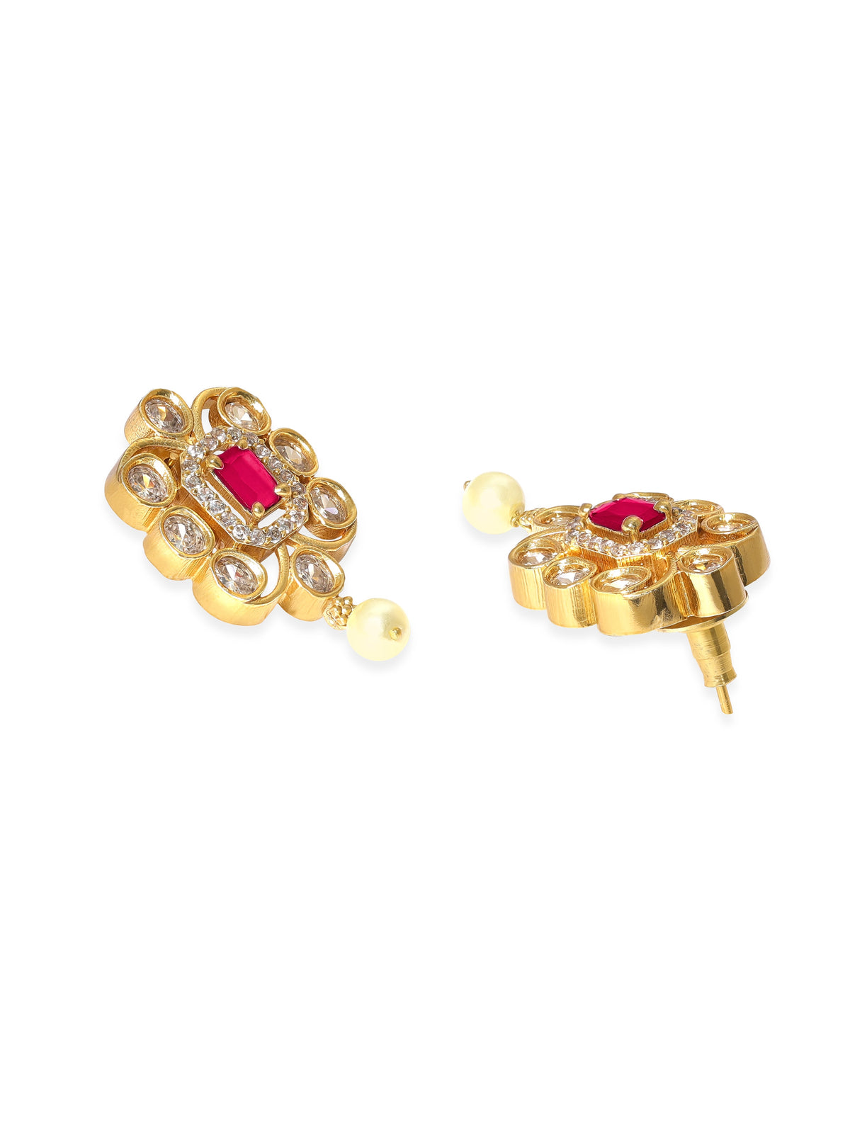 Pink Studded Pearl Drop Gold Necklace Set Gold