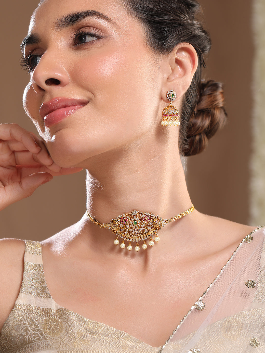 American Diamond Zirconia Necklace With Pearl Drops Gold
