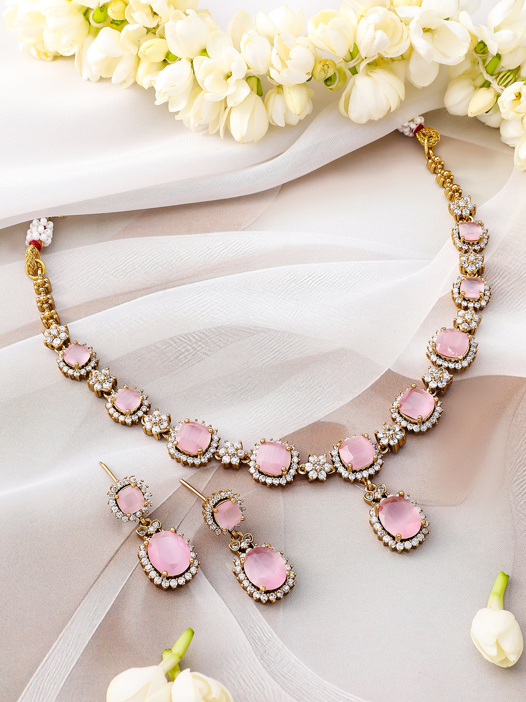 Pink Studded American Diamond Zirconia Necklace Set フリーサイズ