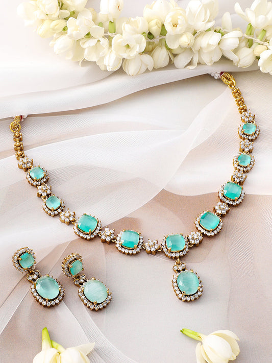 Blue Studded American Diamond Zirconia Necklace Set フリーサイズ